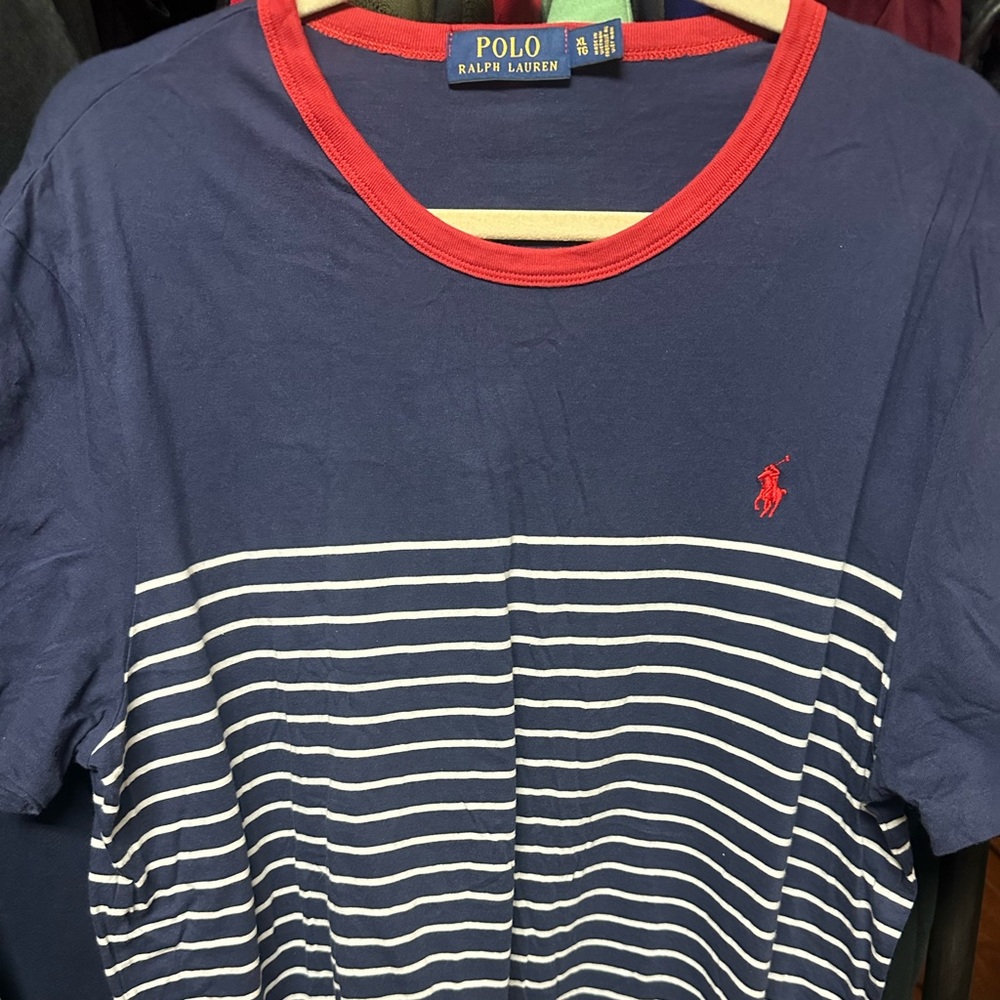 Ralph Lauren Polo Navy and white Striped Tee red round neck trim short sleeve